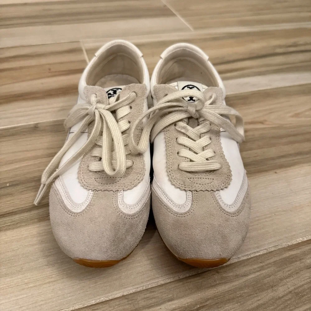 Tory Burch Hank Leather Suede Sneakers Snow White Beige Women's Size 7M No Box